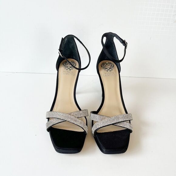 Vince Camuto Kalvira 2 Platform Heels Silver Rhinestone Black Satin Size 8 NWOB - Picture 6 of 15